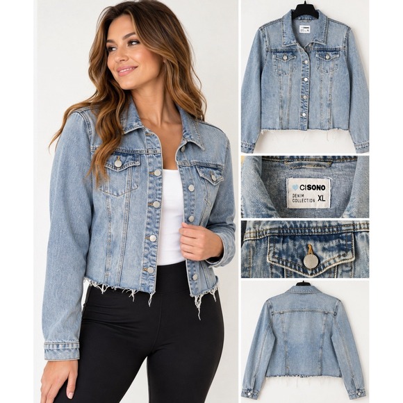 Ci Sono Jackets & Blazers - Ci Sono Acid Wash Cropped Denim Jacket Light Blue Distressed Frayed XL